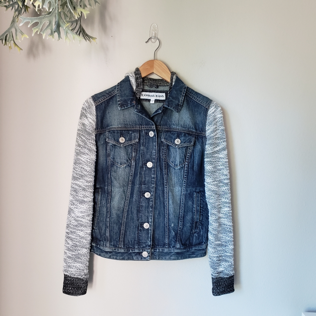 Express | Knit Sleeve Hooded Jean Jacket